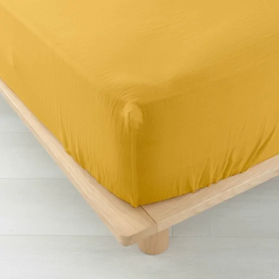 Drap housse 2 personnes 140 x 190 cm double gaze coton 57 fils Angelia Jaune