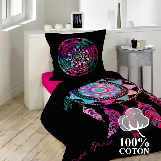 Housse de couette enfant 140x200 cm 100% coton + 1 taie d’oreiller Porte bonheur