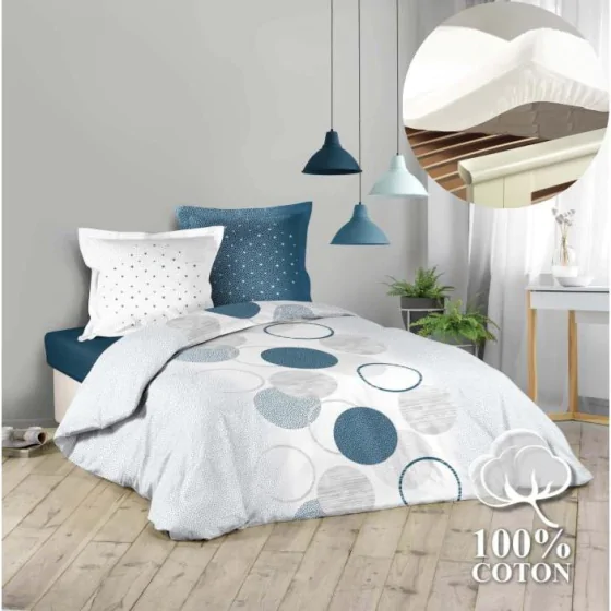 Pack housse de couette 220x240 cm Voie lactée + drap housse 140x190 Blanc