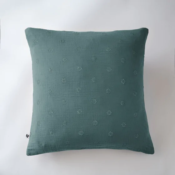 Taie d'oreiller brodée en gaze de coton 60 x 60 cm Gaïa Boho Bleu canard
