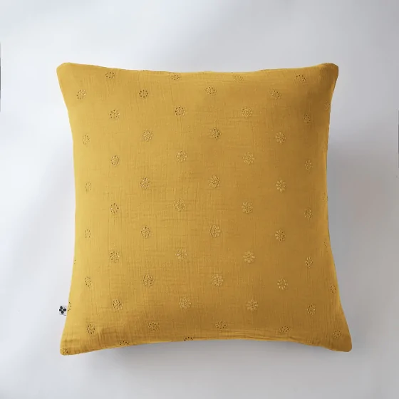 Taie d'oreiller brodée en gaze de coton 60 x 60 cm Gaïa Boho Jaune safran