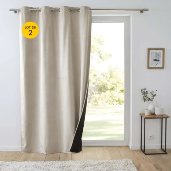 Lot de 2 Rideaux isolant thermique a oeillets 140 x 260 cm velours relief Polarchic Sable
