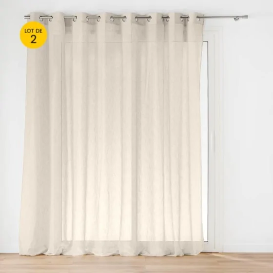 Lot de 2 Voilage à œillets grande largeur 300 x 240 cm voile tissé Carlin Beige