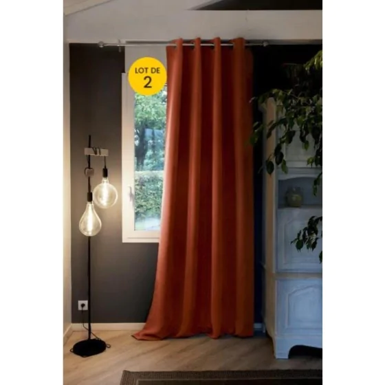 Lot de 2 Rideaux grande hauteur occultant + isolant phonique polaire L140 x H280 cm Inuit Orange