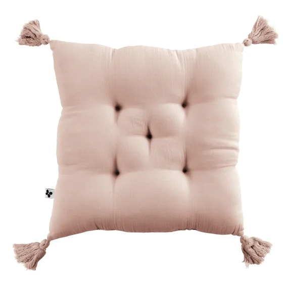 Assise matelassée 5 points avec pompons gaze de coton 40 x 40 cm guimauve Rose