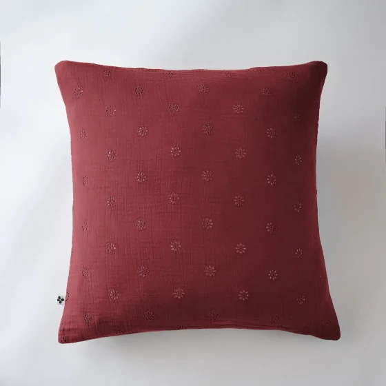 Taie d'oreiller brodée en gaze de coton 60 x 60 cm Gaïa Boho Bordeaux