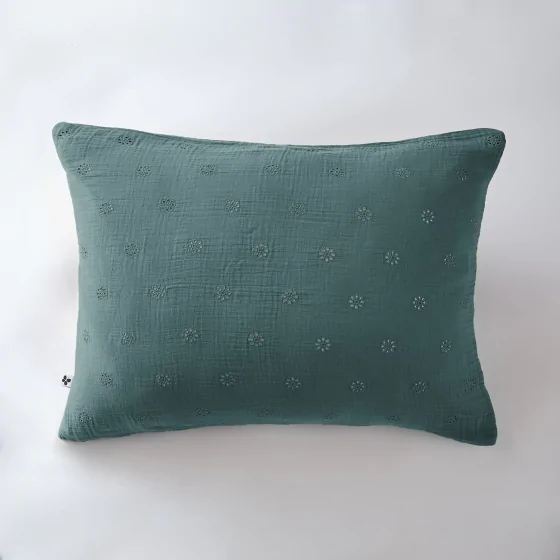 Taie d'oreiller brodée en gaze de coton 50 x 70 cm Gaïa Boho Bleu canard