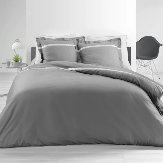 Parure de couette 240x220 cm en percale 78 fils/cm² Satinea Gris/blanc