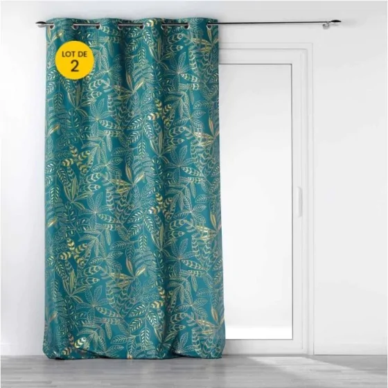 Lot de 2  Rideaux tamisant à oeillets  140 x 260 cm Imprimé métalillisé Belflor Emeraude/Or