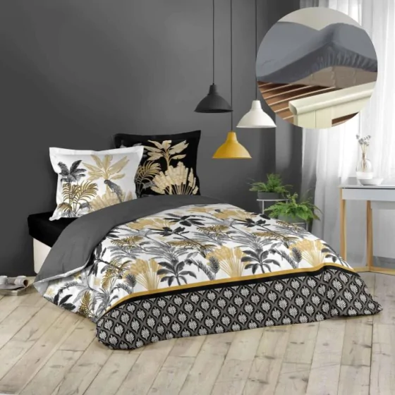 Pack housse de couette 220x240 cm Karaba + drap housse 140x190 Gris