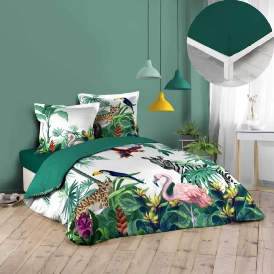 Pack parure de couette Exotica 240 x 220 cm + drap housse 140 x 190 x 30 cm Pétrole