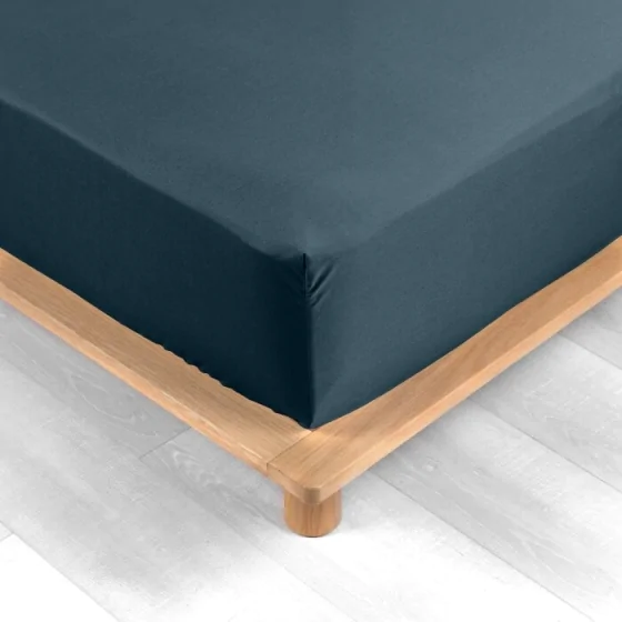 Drap housse 2 personnes 140 x 190 cm bonnet 30 cm percale de coton 78 fils Bleu nuit
