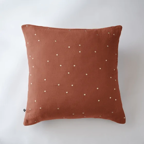 Taie d'oreiller gaze de coton brodée fil or 60 x 60 cm Gaia Chic Terracotta
