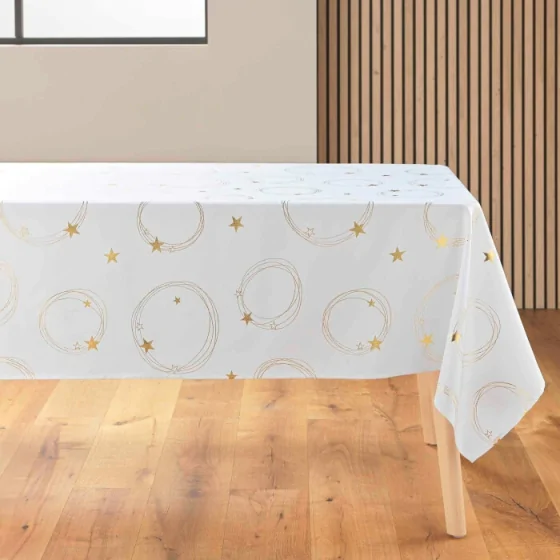 Nappe rectangle 150 x 240 cm polyester imprime metallise star Blanc/or