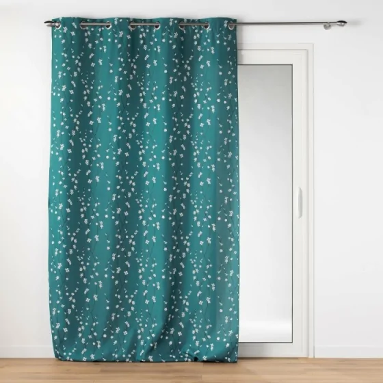 Rideau grande hauteur 140 x 280 cm polyester imprime appliqué Sakura Emeraude