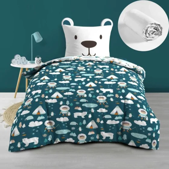 Pack housse de couette enfant 140 x 200 cm Igloo + drap housse 90 x 190 Blanc