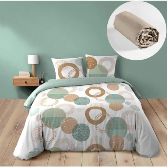 Pack 4 pièces Housse de couette 240 x 220 cm Lunabella + 2 taies + drap housse 140 Beige