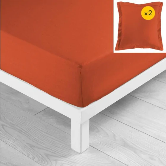 Pack drap housse 140x190 cm + 2 taies 63x63 coton 57 fils Paprika