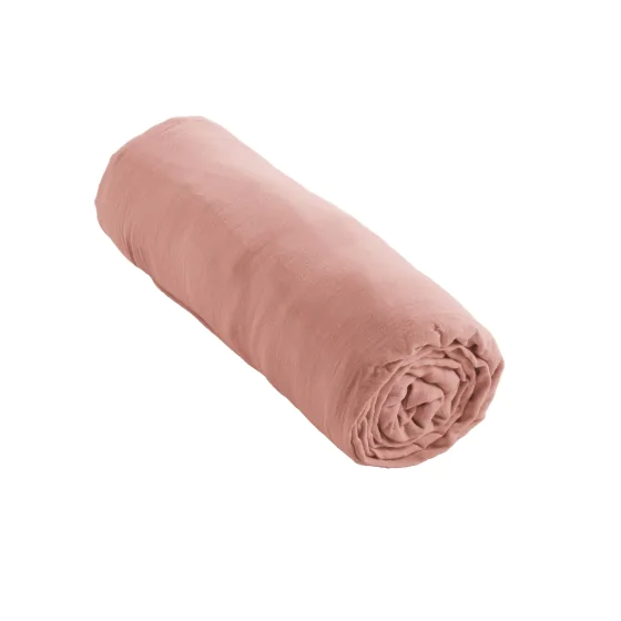 Drap Housse Double Gaze de Coton Rose pêche – 200 x 200 cm – Bonnet 30 cm