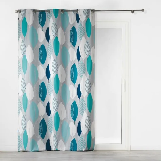 Rideau a oeillets 140 x 240 cm coton imprime leafy Bleu