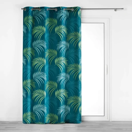 Rideau a oeillets 140 x 260 cm polyester imprime blue vegetal Bleu