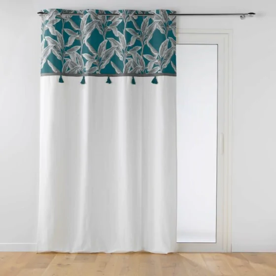 Rideau a oeillets 140 x 240 cm coton uni+top imprime+pompons isibelle Bleu