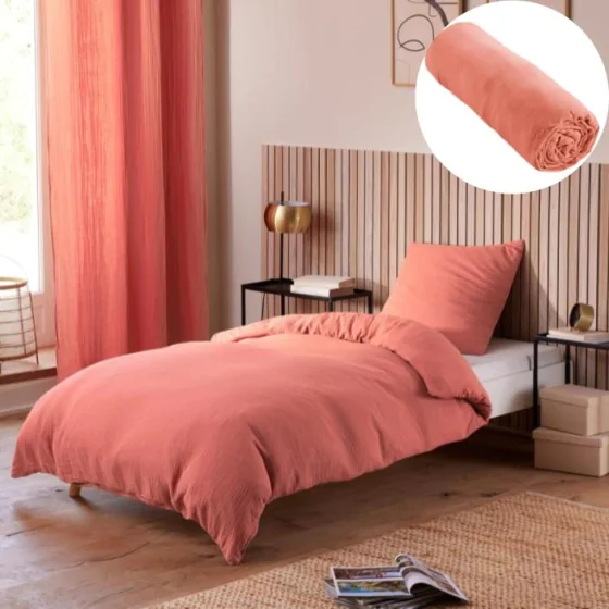 Pack Housse de couette 140 x 200 cm Gaze de coton + drap housse 90x190 Rose