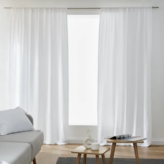 Lot de 2 Rideaux Galon Fronceur double Gaze de coton – Blanc – 140 x 240 cm
