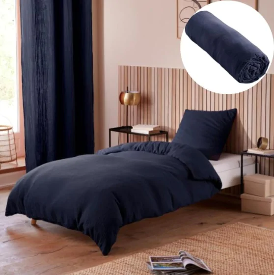 Pack Housse de couette 140 x 200 cm Gaze de coton + drap housse 90x190 Bleu